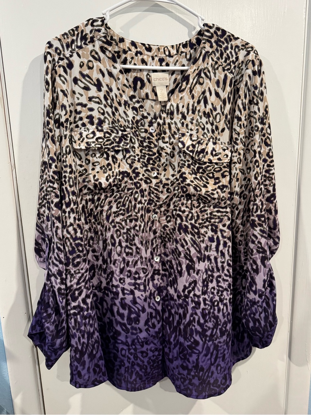 Chico's women size 2 Leopard print Purple Button-Front Blouse top travel office